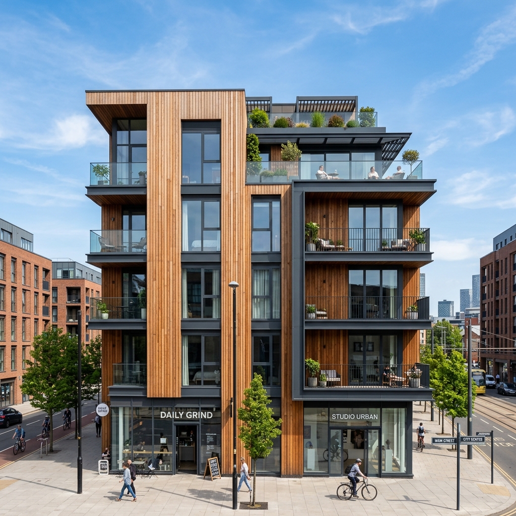 Contemporary timber clad building — Manchester